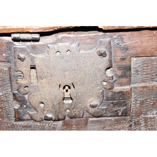 156 - 18th century oak bible box with carved details and iron fittings