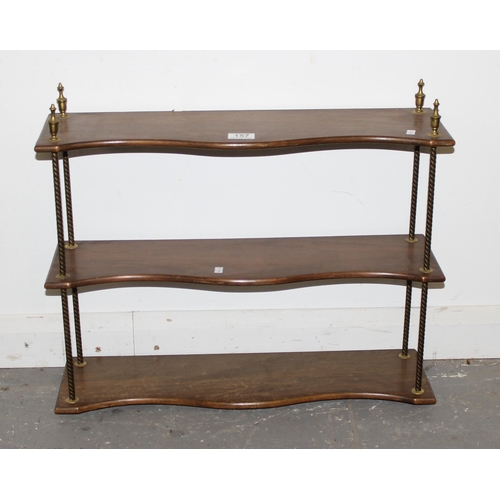 157 - Antique mahogany and brass wall hanging 3 tier shelf