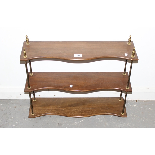 157 - Antique mahogany and brass wall hanging 3 tier shelf