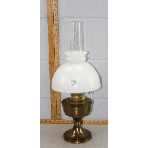 265 - Antique brass oil lamp with white opaline shade