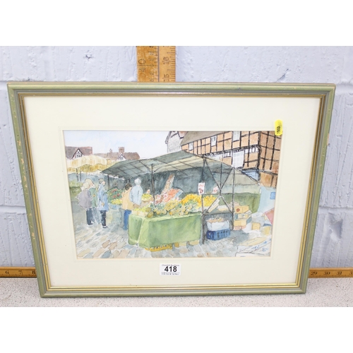 418 - Patsy Jones, Ink and watercolour drawing of Wantage Market and another indistinctly signed retro sty... 