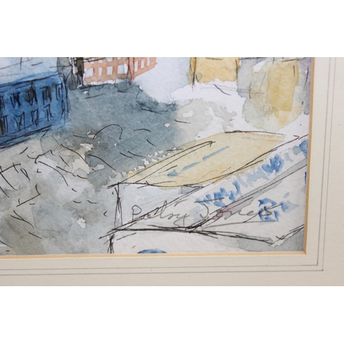 418 - Patsy Jones, Ink and watercolour drawing of Wantage Market and another indistinctly signed retro sty... 