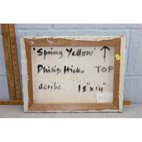 497 - Philip Hicks 1928 -2021 - Acrylic on canvas , titled Spring Yellow. Signed to verso