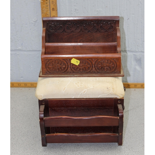 307 - Retro 2 draw sawing box with padded lid & carved mahogany waterfall letter rack