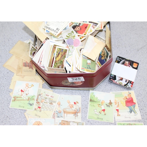 528 - Mixed tin of ephemera to include silk cigarette card & Panini football stickers