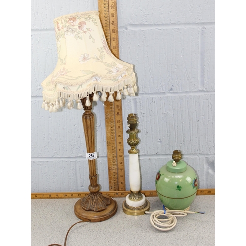 257 - 3 assorted vintage lamps, glass, wooden and alabaster