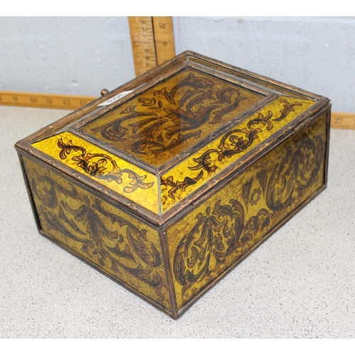 303 - A large metal bodied box with reverse painted glass panels to all surfaces, approx 26cm x 20 cm. & a... 