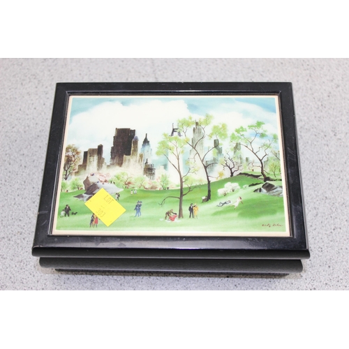 303 - A large metal bodied box with reverse painted glass panels to all surfaces, approx 26cm x 20 cm. & a... 