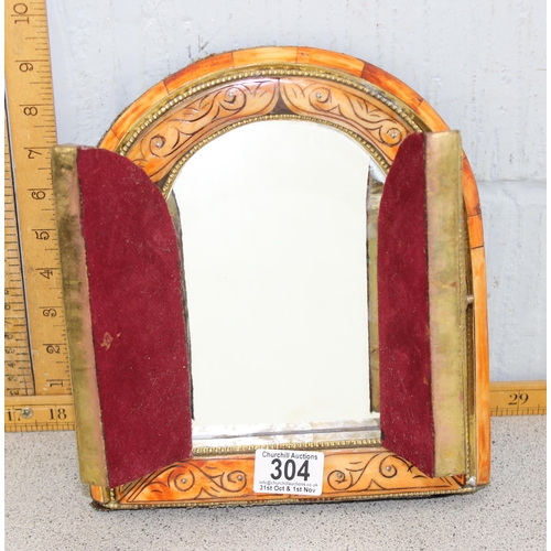 304 - Moroccan stained bone wall mirror with brass stud work and fittings, approx 25cm x 23cm