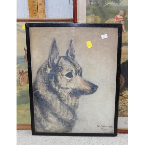 435 - 5 animal related pictures & prints to include an original painting of a sheep dog signed C L Waslpto... 