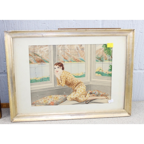 436 - A selection of retro prints, advertising mirror and an original water colour of an art deco period l... 