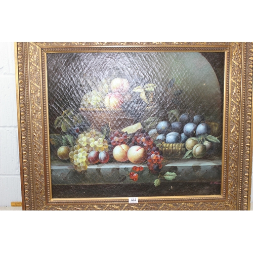 444 - A large oil on canvas board painting still life of fruit, indistinctly signed lower right, in impres... 