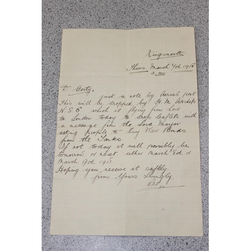 521 - 2 c.WW1 period letters dropped from an airship, hand written note 