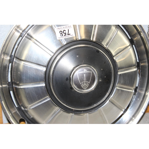 758 - Vintage set of four 1960’s Rover P6 stainless steel 14 inch wheel trims, 3 with badge logo