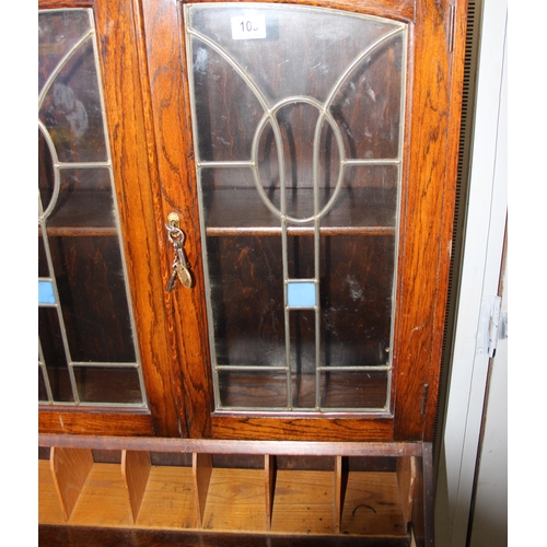 109 - Edwardian oak bureau bookcase with stained glass detail and key