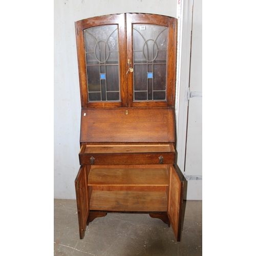 109 - Edwardian oak bureau bookcase with stained glass detail and key