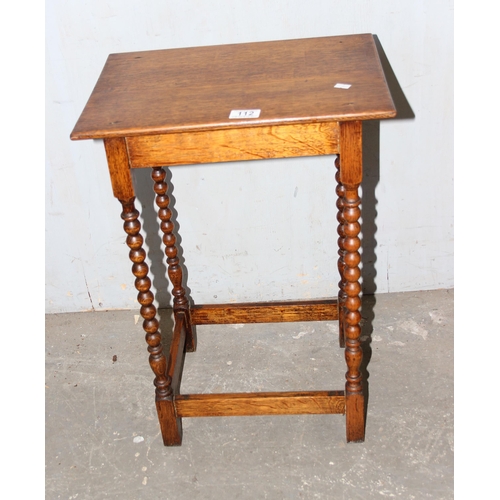 112 - 2 vintage oak side tables, one with bobbin turned legs