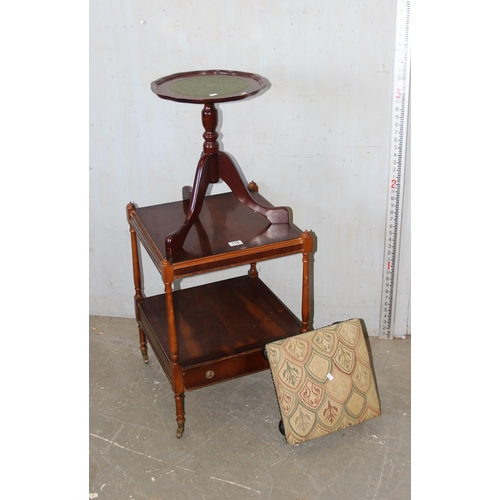 116 - Mahogany wine table, tapestry foot stool and a yew wood trolley on brass castors