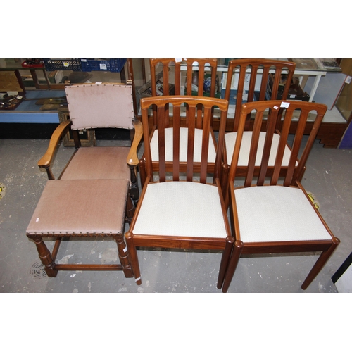 158 - A set of 4 retro chairs by Meredew, a vintage low oak armchair with matching stool with carved detai... 