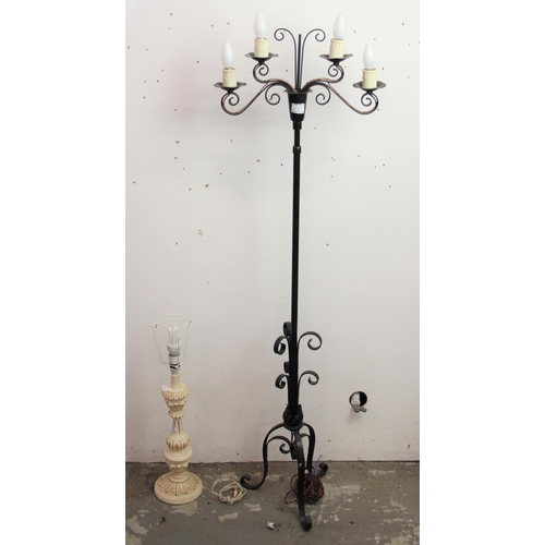 264A - A vintage wrought iron 4 branch standard lamp, Gothic style & 2 vintage lamps, one formed as a seate... 