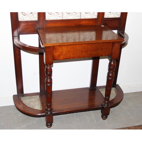 146 - Walnut Edwardian tiled hall stand, stamped to the drawer Jas Shoolbred & Co