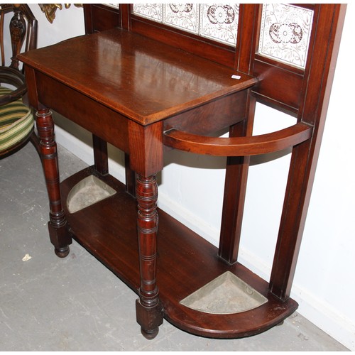 146 - Walnut Edwardian tiled hall stand, stamped to the drawer Jas Shoolbred & Co