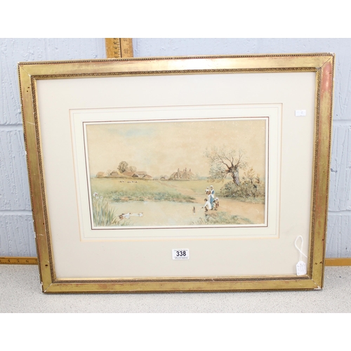 499s - An antique gilt framed watercolour of children playing near a pond with ducks