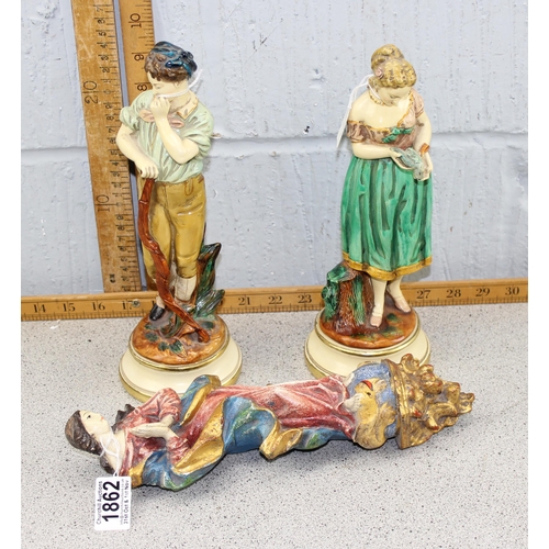 1862 - A vintage Florentine carved wooden figure of a female standing on a serpent and 2 vintage Borghese l... 