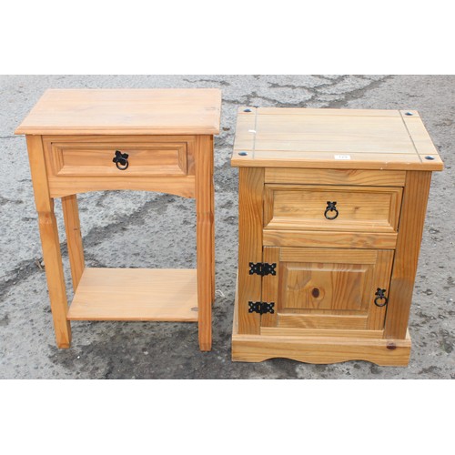 129 - Pine bedside cabinet with iron fittings and a similar bedside table with drawer (2)