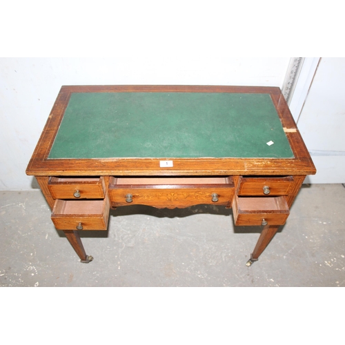 1 - A small Victorian rosewood veneered writing desk with leather top and 5 drawers, inlaid decoration a... 