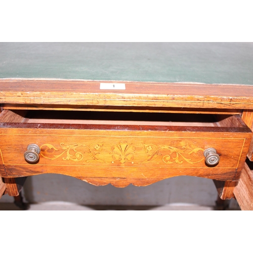 1 - A small Victorian rosewood veneered writing desk with leather top and 5 drawers, inlaid decoration a... 