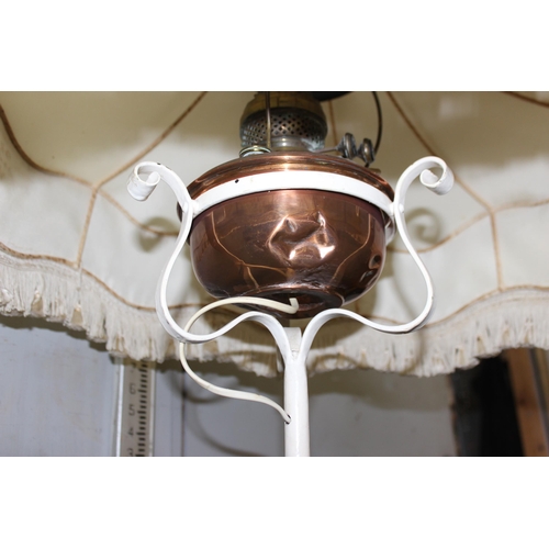 231 - A pair of antique white painted wrought iron oil lamps later converted into standard lamps with shad... 