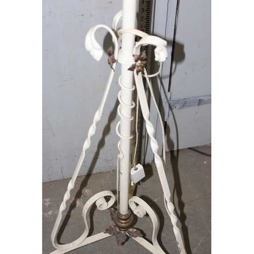 231 - A pair of antique white painted wrought iron oil lamps later converted into standard lamps with shad... 