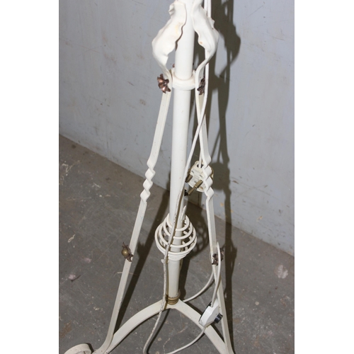 231 - A pair of antique white painted wrought iron oil lamps later converted into standard lamps with shad... 