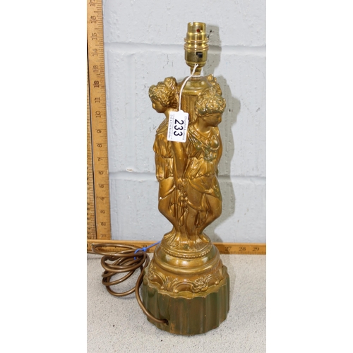 233 - A vintage gold painted plaster lamp formed as the 3 graces