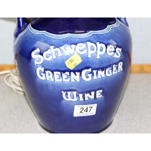 247 - A vintage Schweppes Green Ginger wine advertising jar, with two handles later converted into a lamp