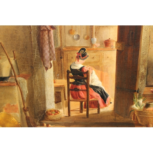 376 - 19th century social study oil on board of a lady with baby in domestic setting, unsigned but with va... 