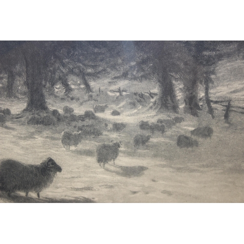 390 - Joseph Farquharson (Scottish 1846-1935), antique monochrome print of sheep in a winter landscape, si... 