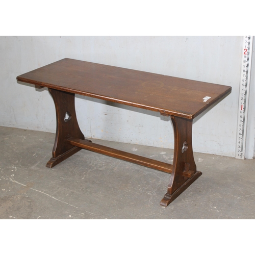 9 - Early 20th century oak stool or bench with trefoil cut outs, approx 105cm wide