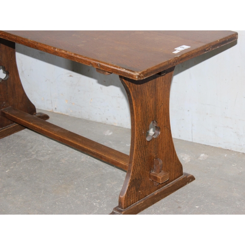 9 - Early 20th century oak stool or bench with trefoil cut outs, approx 105cm wide