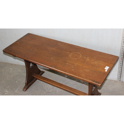 9 - Early 20th century oak stool or bench with trefoil cut outs, approx 105cm wide