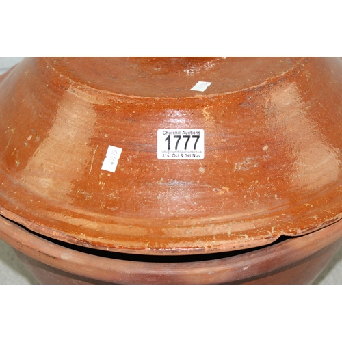 326 - A large vintage terracotta bread crock and lid, approx 45cm in diameter