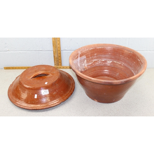 326 - A large vintage terracotta bread crock and lid, approx 45cm in diameter