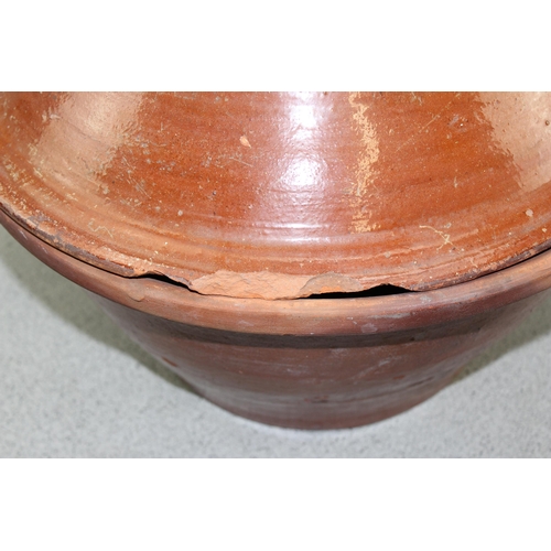 326 - A large vintage terracotta bread crock and lid, approx 45cm in diameter