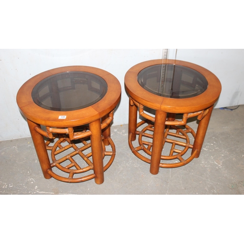 139 - Pair of Chinese inspired faux bamboo console tables with round glass tops