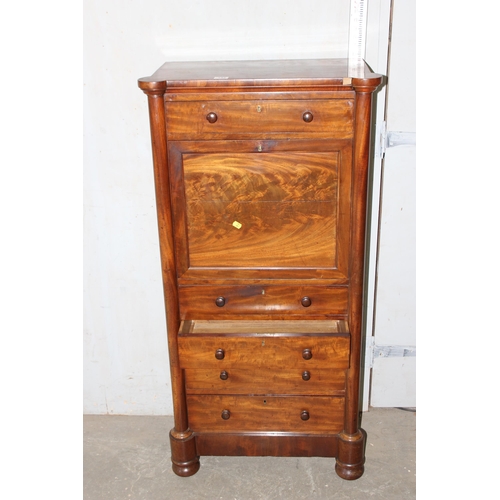 142 - An antique mahogany escritoire desk with drop down flap and 5 drawers, likely French, all locked and... 