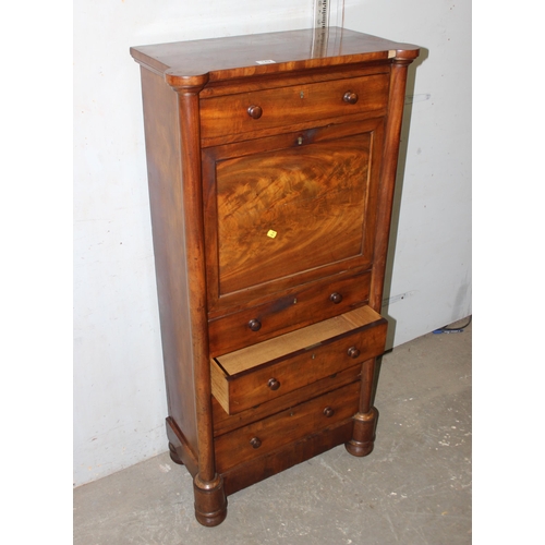 142 - An antique mahogany escritoire desk with drop down flap and 5 drawers, likely French, all locked and... 