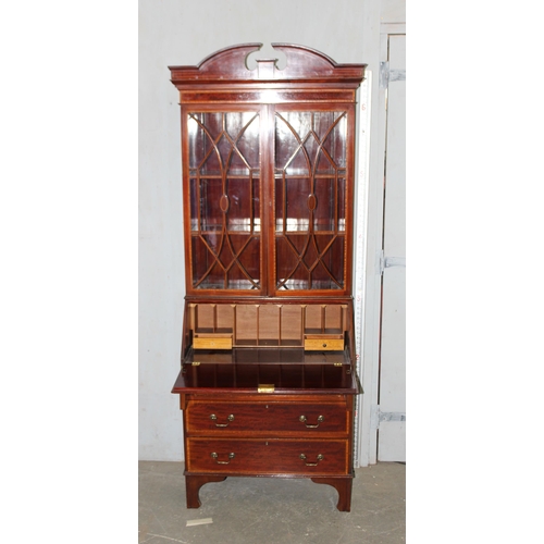 148 - Edwardian Sheraton revival astral glazed bookcase over writing bureau