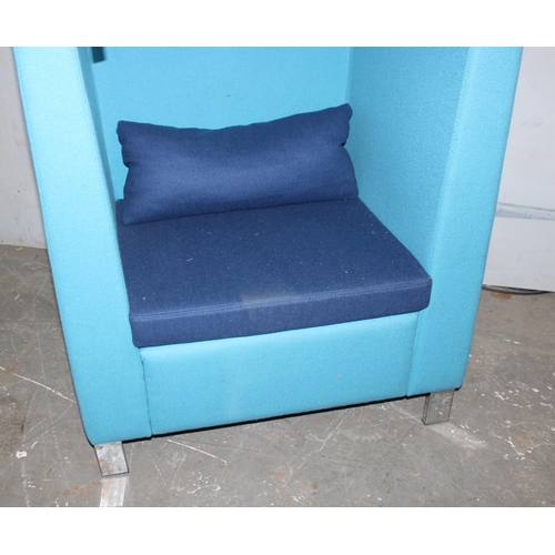 169 - An unusual light and dark blue high backed retro style box chair standing on chrome bracket feet, ap... 