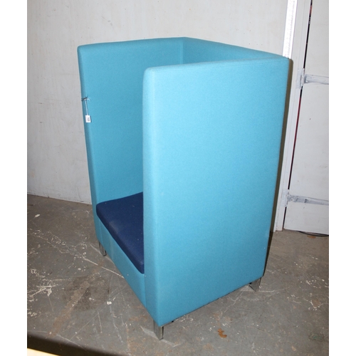 169 - An unusual light and dark blue high backed retro style box chair standing on chrome bracket feet, ap... 